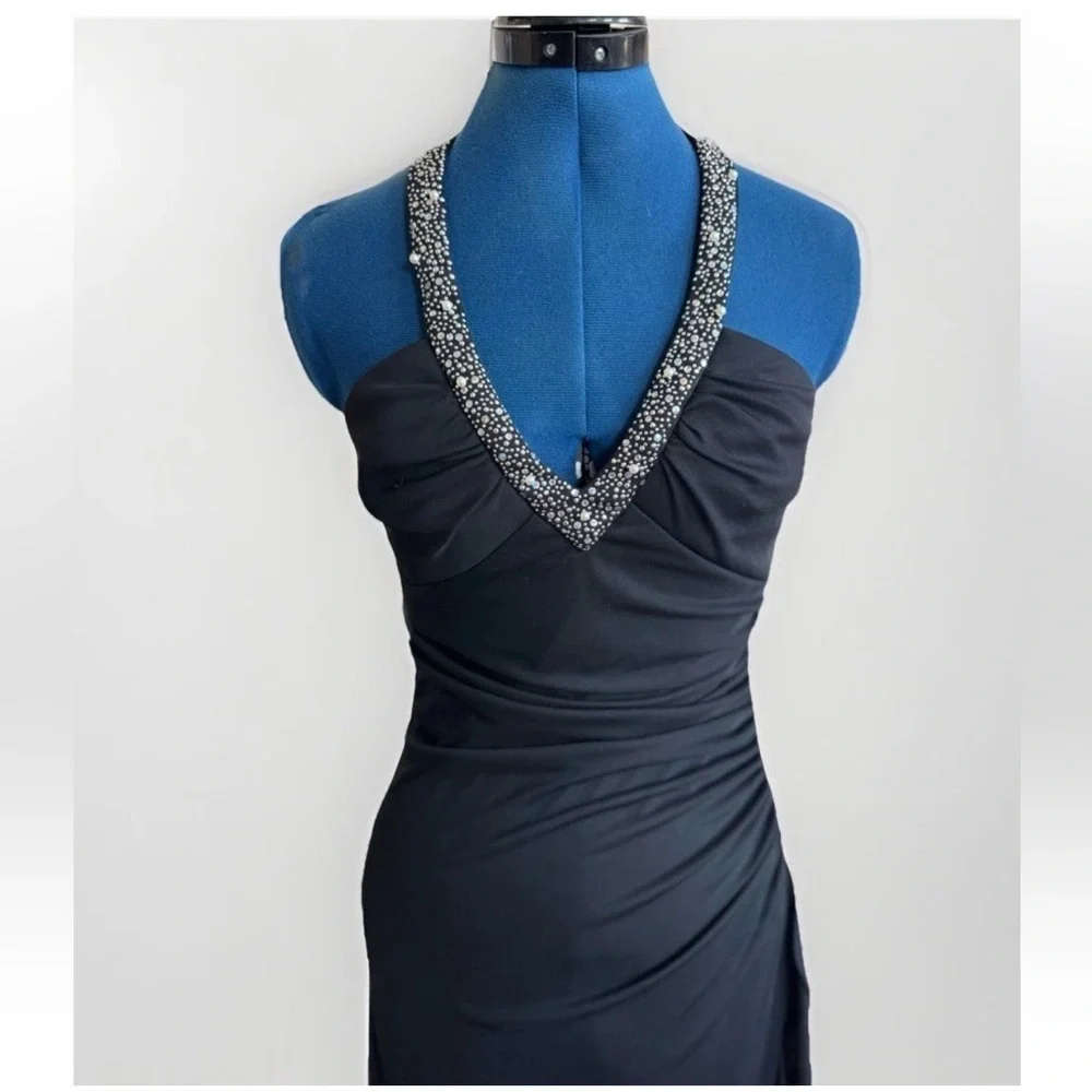 Vintage 90s Y2K Style Betsy & Adam by Linda Bernell Black Beaded Halter Dress 6